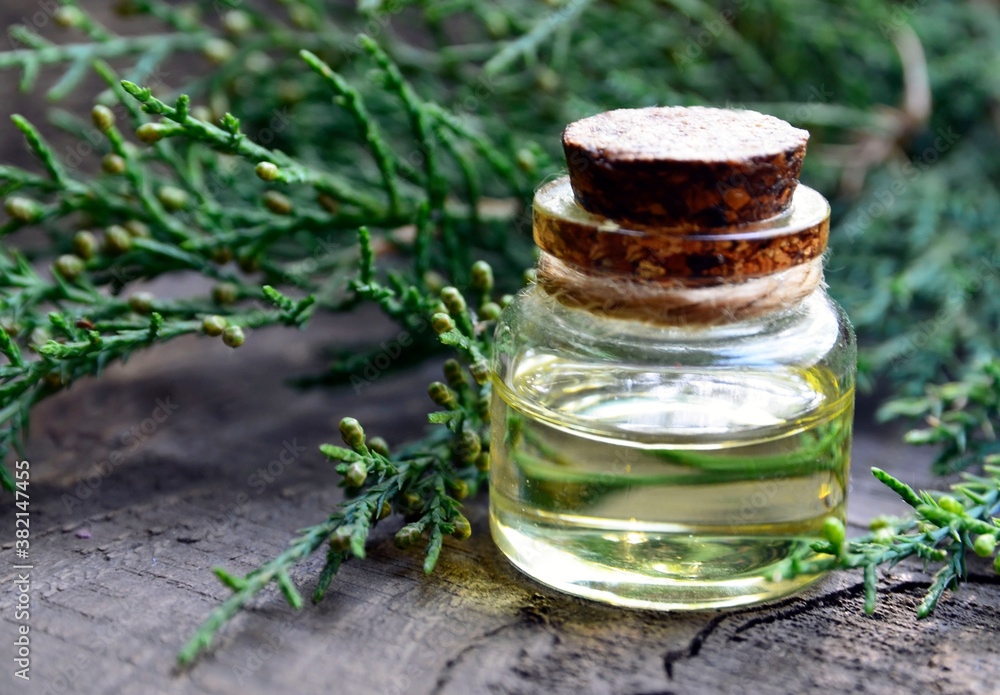 Juniper essential oil in a glass bottle on old wooden background. Herbal medicine, spa, aromatherapy and body care concept wit copy space.Selective focus. Juniper essential oil in a glass bottle on old wooden background. Herbal medicine, spa, aromatherapy and body care concept wit copy space.Selective focus.