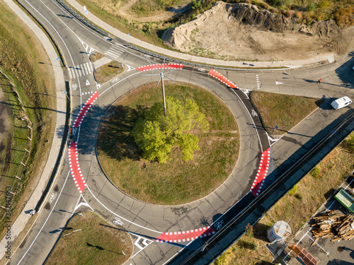 Aerial drone view. Road with markings for cyclists.