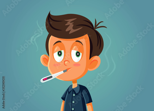 Sick Boy with Thermometer in His Mouth
