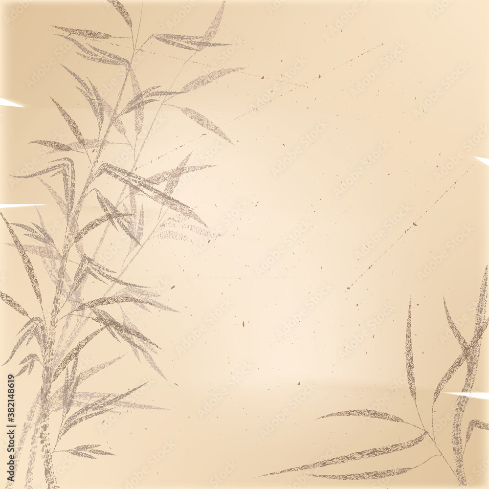Prints of bamboo stems and leaves on old antique paper. Texture in grunge style. Vector illustration. Vintage background.