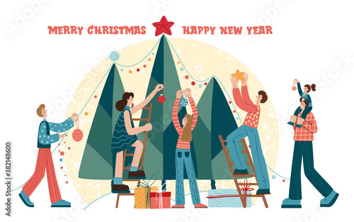  Men, women and children decorating Christmas tree. Merry Xmas Holiday Party. Characters Celebrating New Year Eve. Winter Christmas scenery.