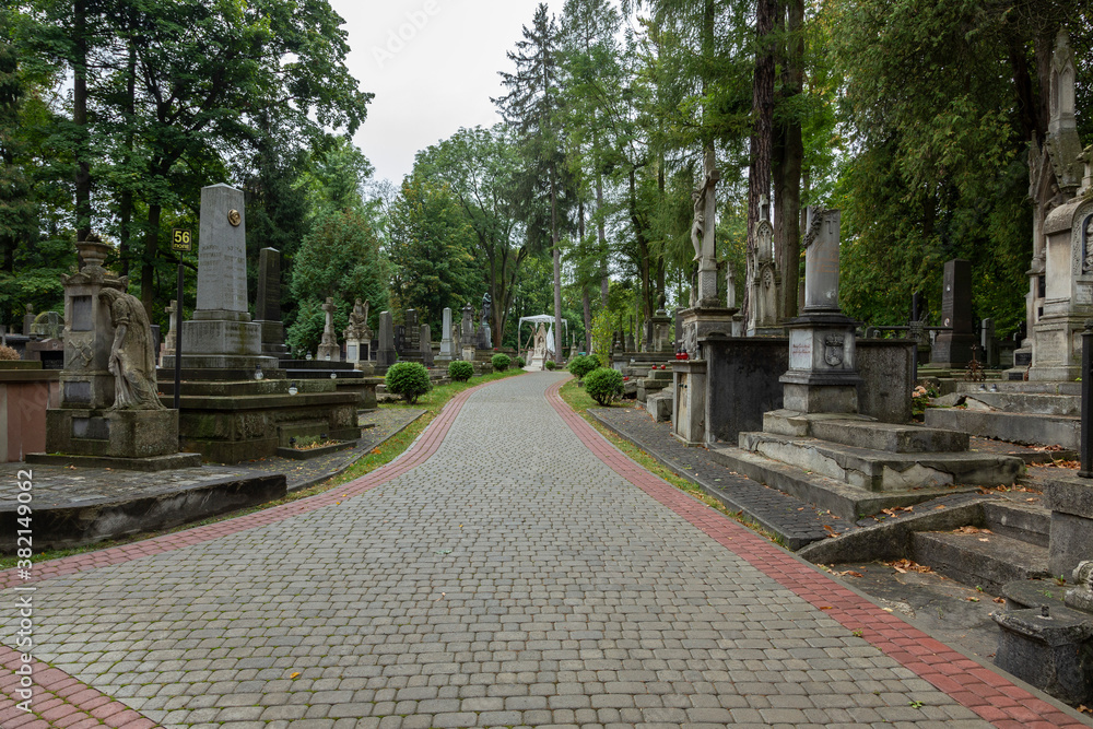 Lviv, Ukraine - 25.09.2020 : historic Lychakiv Cemetery Eastern Europe. Ancient statues and monuments. 