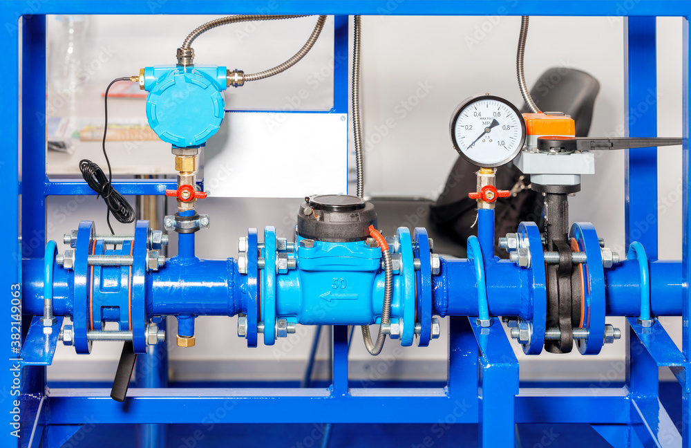 Water metering and pressure system assembly, close-up.