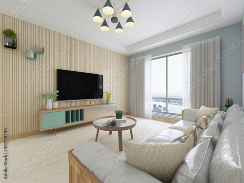 Modern family elegant living room design, the living room is placed with sofa, TV and table furniture and household appliances