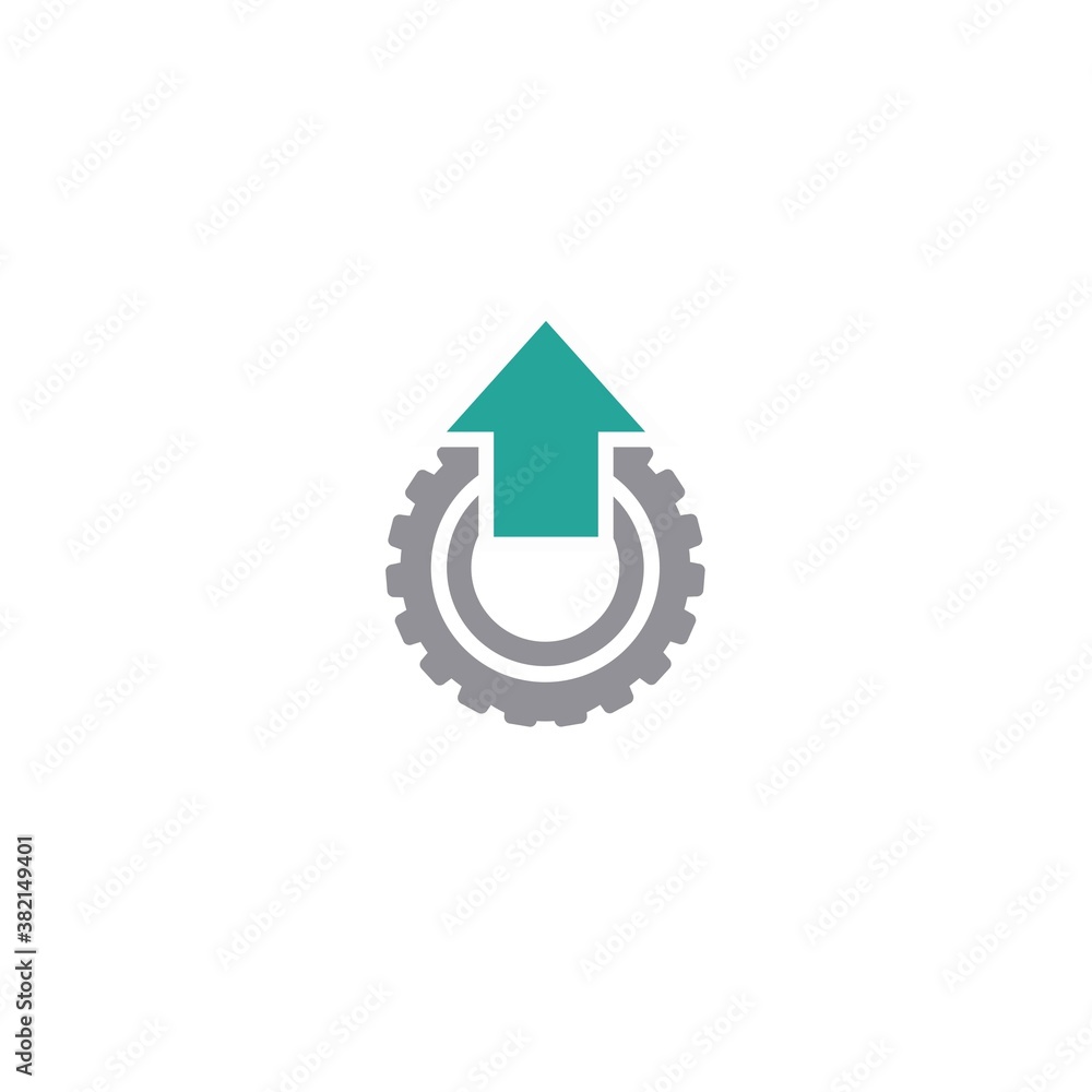 Gear and blue up arrow. icon isolated on white. Vector flat illustration for technology or innovation. Gear and blue up arrow. icon isolated on white. Vector flat illustration for technology or innovation.