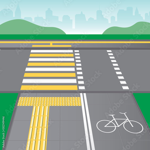 Paving slabs, bicycle path and crossing the road as a concept of inclusiveness, accessibility for the disabled and the blind, flat vector stock illustration with street and city