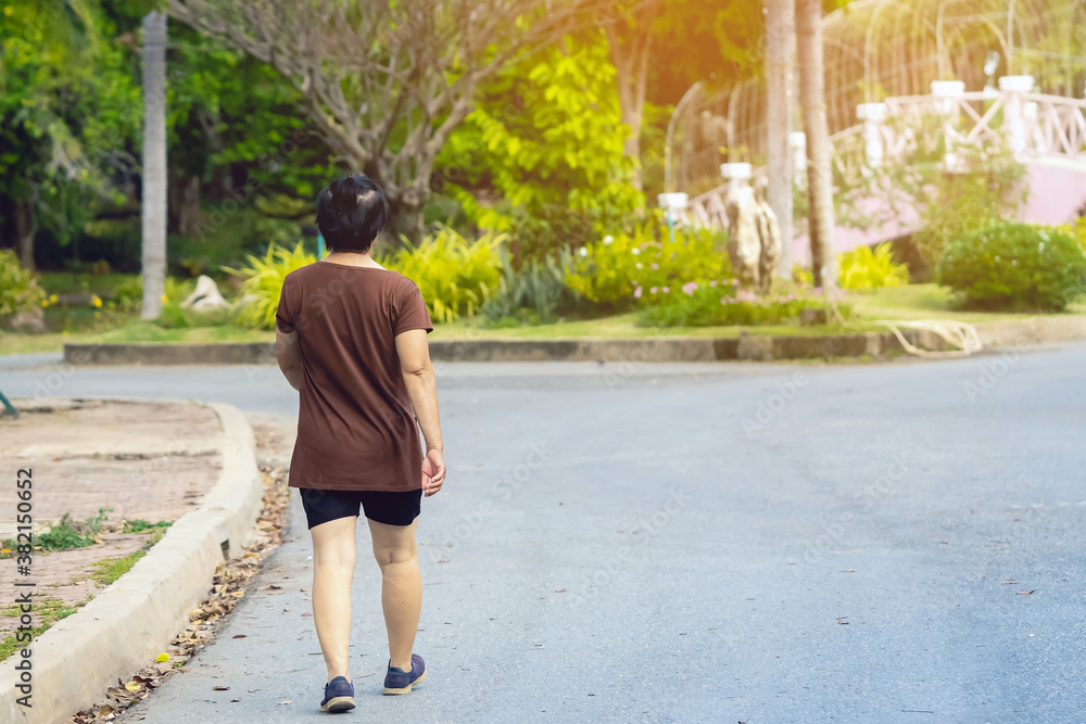 Fototapeta premium Back view portrait of a Asian elderly woman walking and jogging for good health in public park. Senior jogger in nature. Older female enjoying Peaceful nature. Healthcare concept