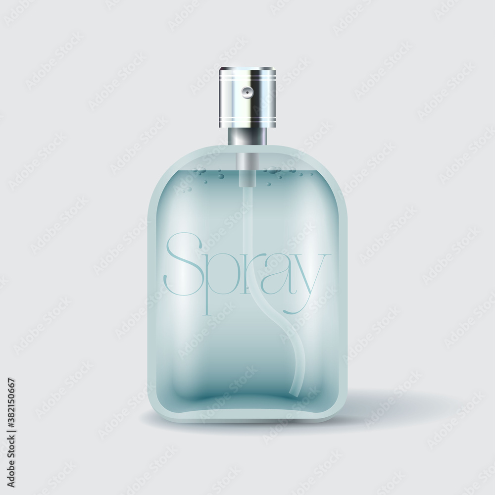 Mock up of bottle with spray dispenser and transparent liquid. Container for cosmetic liquid, antibacterial spray antiviral and protection for hands and body. Mock up of bottle with spray dispenser and transparent liquid. Container for cosmetic liquid, antibacterial spray antiviral and protection for hands and body.