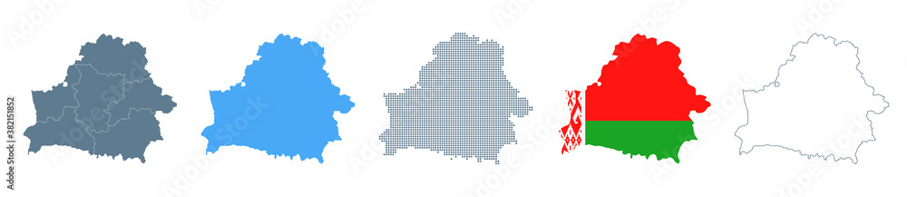 Obraz premium Belarus Map Set - Vector Solid, Contour, Regions, Flag, Pixels