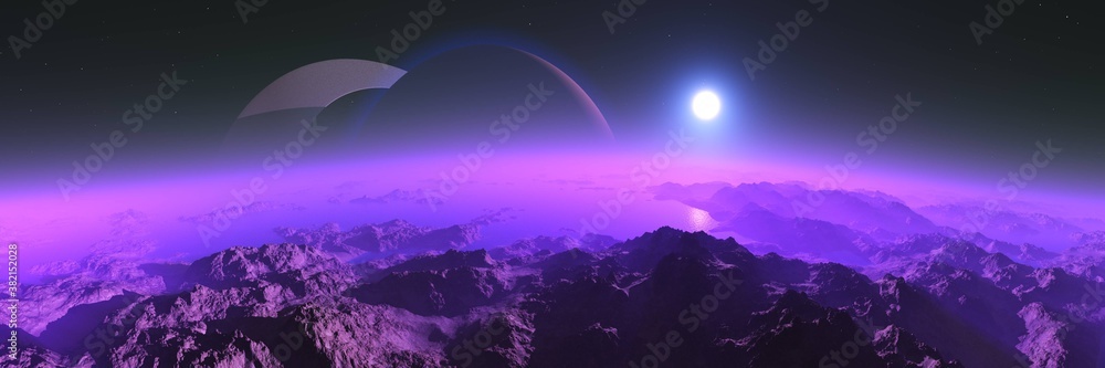alien planet at sunset, alien landscape at the rising of a star, 3D rendering