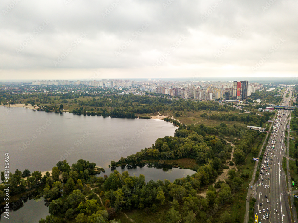 Aerial drone view. Bay of the Dnieper River in Kiev.
