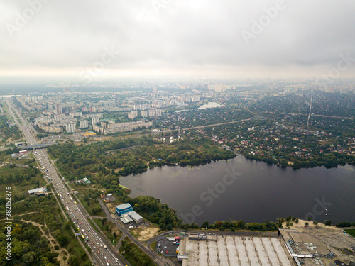 Aerial drone view. Bay of the Dnieper River in Kiev.