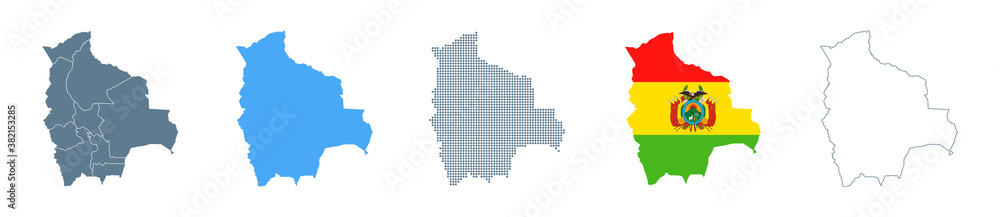 Bolivia Map Set - Vector Solid, Contour, Regions, Flag, Pixels
