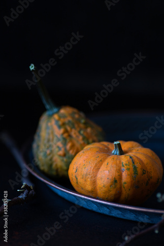 Two small autumn decorative Halloween pumpkins on a vintage plate and a dark background. Vertical, copy space