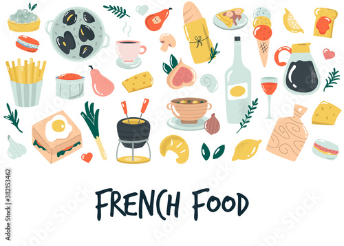 Hand drawn banner, background with French food. Delicious vector illustration