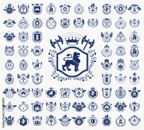 Vintage heraldic emblems vector big set, antique heraldry symbolic badges and awards collection, classic style design elements, family emblems.