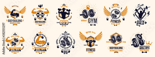 Fitness sport emblems logos or posters with barbells dumbbells kettlebells and muscle man silhouettes vector set, athletic workout active lifestyle theme, sport club or competition awards.