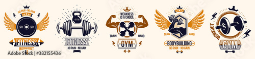 Gym fitness sport emblems and logos vector set isolated with barbells dumbbells kettlebells and muscle body man silhouettes and hands, athletics workout sport club, active lifestyle.