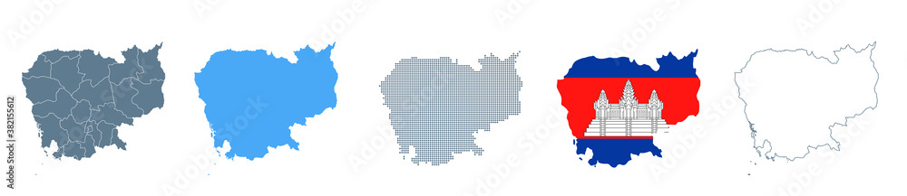 Cambodia Map Set - Vector Solid, Contour, Regions, Flag, Pixels
