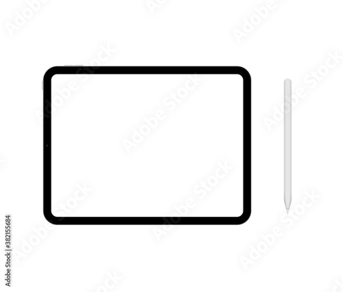 Tablet mockup white pen vector template. Tab pencil modern tablet