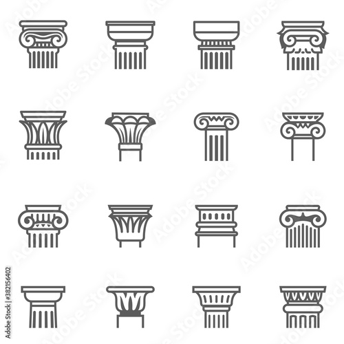 Antique columns, pillars outline icons set isolated on white. Classic plinth, socle, museum pedestal.