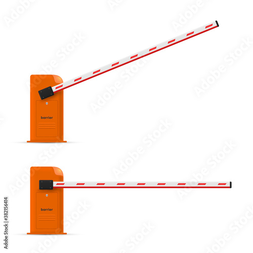 Boom gate or car barrier with rased and lowered bars realistic set. Pole blocking access.