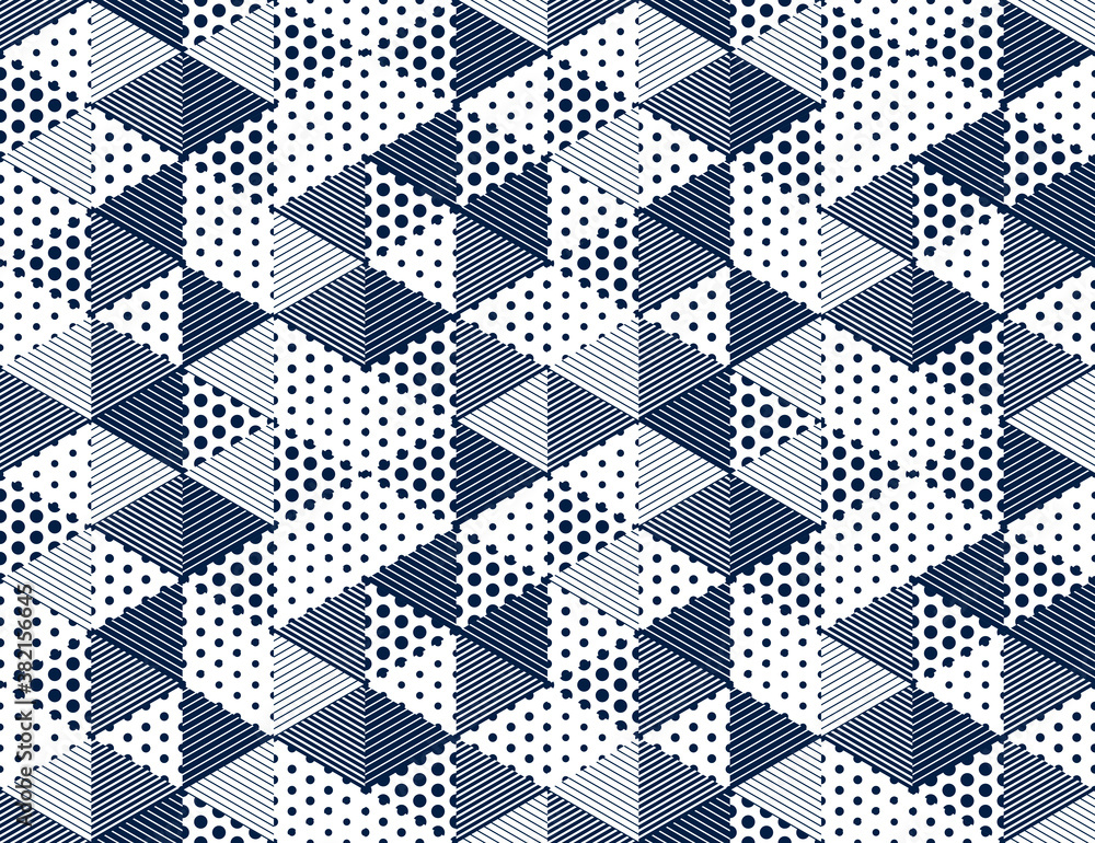3D dotted cubes seamless pattern vector background, dots and lines triangles dimensional blocks, architecture and construction, geometric design.