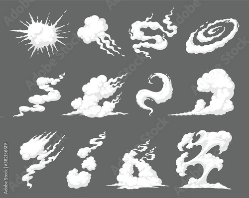 Smoke clouds, waves, fume explosion cartoon effects set. Dusty bubble, puff, cumulus.