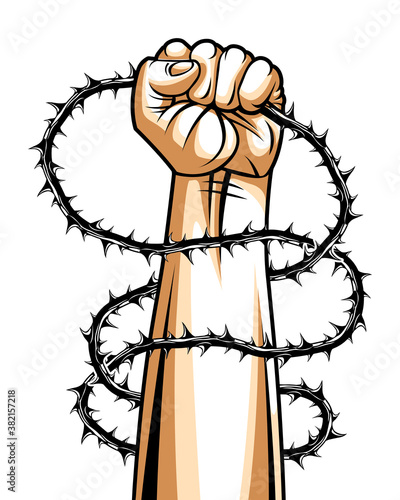 Strong hand clenched fist fighting for freedom against blackthorn thorn slavery theme illustration, vector logo or tattoo, through the thorns to the stars concept.
