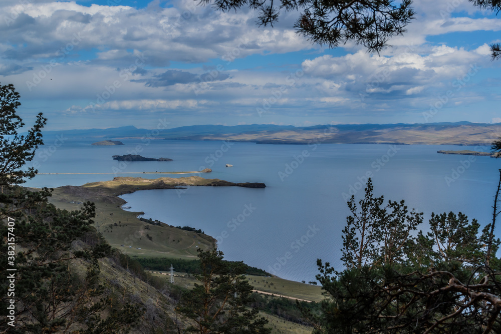 Green coniferous branches of pine trees on slope of mountain on coast of bay blue Baikal lake with islands and peninsula. Mountains on horizon. Sky with clouds. Siberia nature landscape