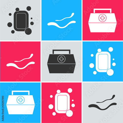 Set Bar of soap, Ebola virus disease and First aid kit icon. Vector.