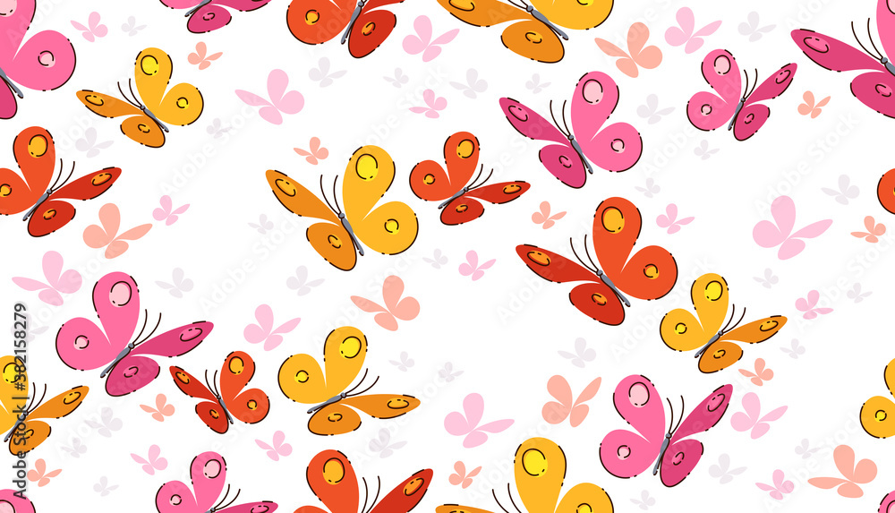 Colorful cartoon butterflies seamless vector wallpaper, tropical insects childish textile endless wallpaper, wildlife beauty theme.