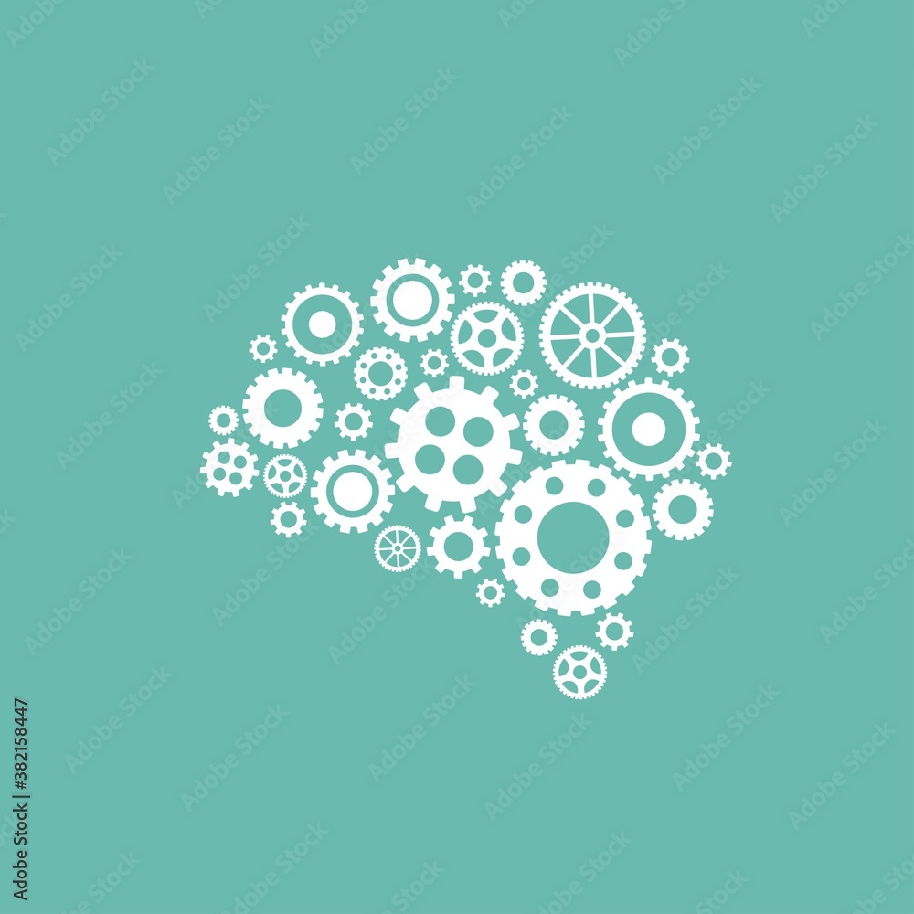 techno brain made of white gears and wheels isolated on blue background. techno brain made of white gears and wheels isolated on blue background.