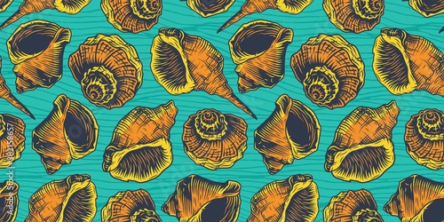 Colored seamless pattern wallpaper seashell mollusk underwater animal, coast wild life