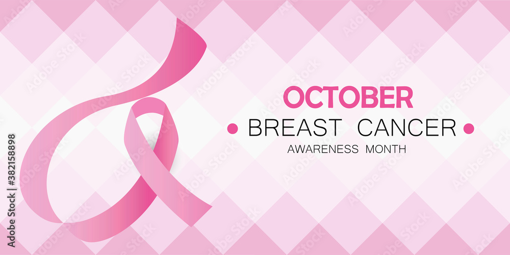 October Breast Cancer awareness month campaign banner vector. Geometric modern background with pink ribbon and text.