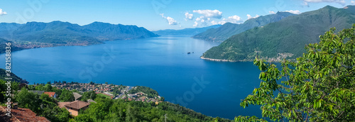 aerial wide angle view on Lake Maggiore and the Alps