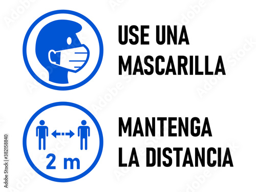Set of Round Sticker Icons for Coronavirus Measures in Spanish including "Use Una Mascarilla" (Wear a Face Mask) and "Mantenga La Distancia" (Keep Your Distance) 2 Metres. Vector Image.