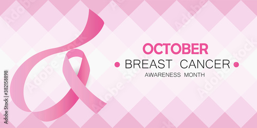 October Breast Cancer awareness month campaign banner vector. Geometric modern background with pink ribbon and text.