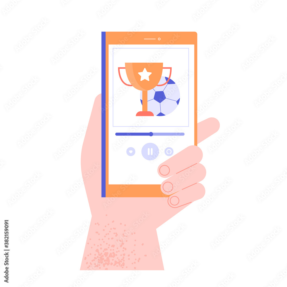 Hand holds a smartphone. Sports broadcast online. Ball and gold cup. Vector flat illustration.