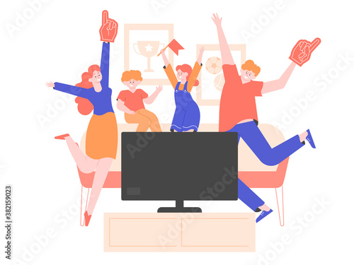 The family is watching TV in the living room. Sports fans support their favorite team. They jump and enjoy.Vector flat illustration.