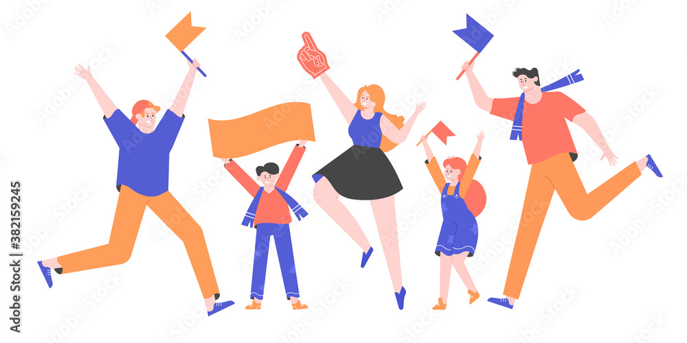 Group of people sports fans. Men, woman and children with flags and big red fan glove. Spectators jump and enjoy game. Vector flat illustration. Group of people sports fans. Men, woman and children with flags and big red fan glove. Spectators jump and enjoy game. Vector flat illustration.