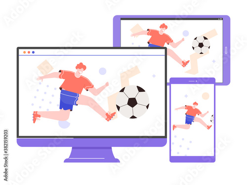Online broadcast of soccer. Watching sports on different devices computer, tablet, smartphone. Male player on device screens. Vector flat illustration.