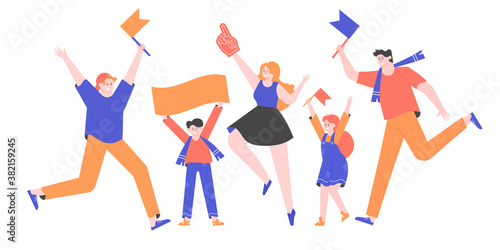 Group of people sports fans. Men, woman and children with flags and big red fan glove. Spectators jump and enjoy game. Vector flat illustration.