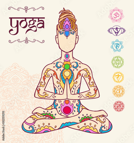 Yoga man with dreadlock. Ornament beautiful esoteric Concept of meditation. Geometric element hand drawn. Vector illustration