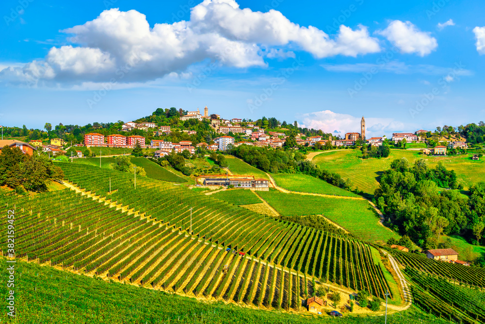 Langhe vineyards panorama, Monforte d'Alba, Piedmont, Italy Europe.