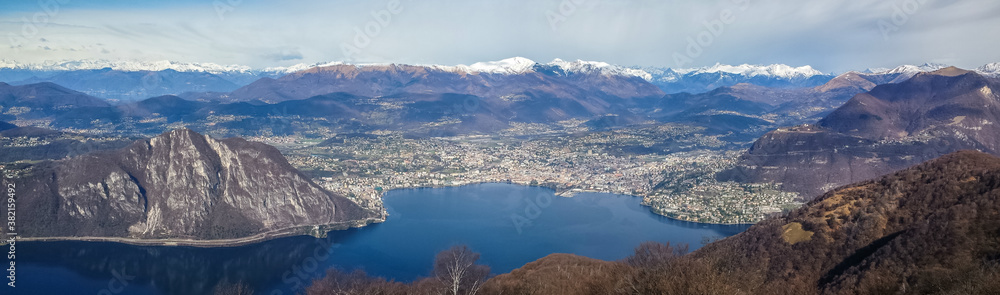 wide angle view of Lake Lugano and the Alps from the Belvedere Signignola