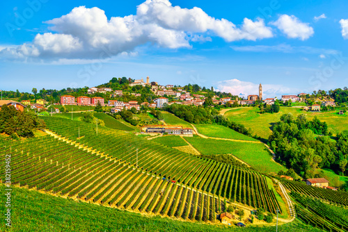 Langhe vineyards panorama, Monforte d'Alba, Piedmont, Italy Europe.