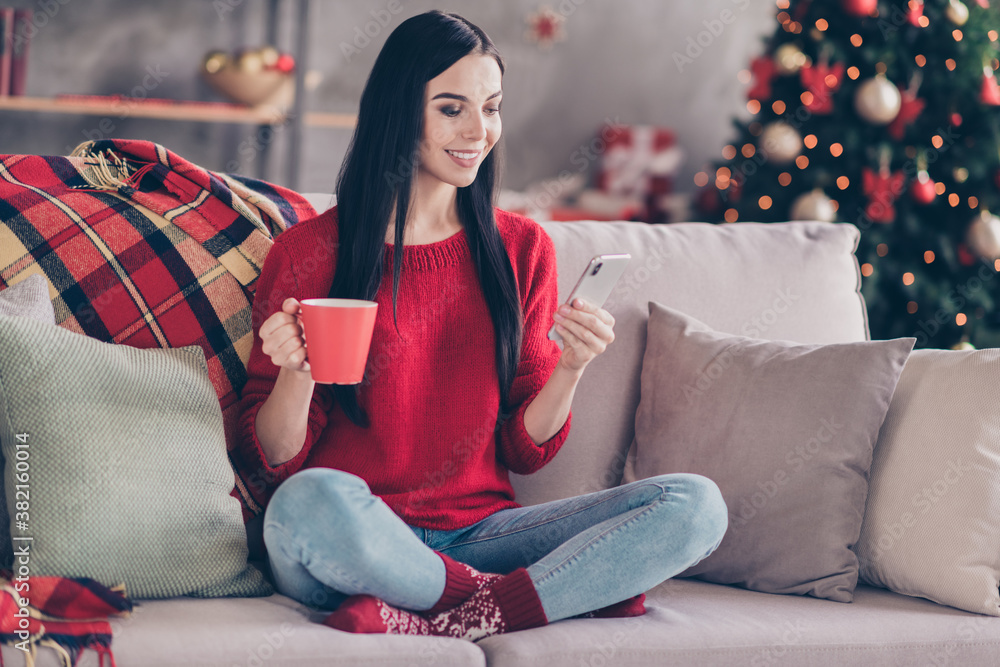 Photo of young pretty girl sit couch hold mug telephone look screen wear red pullover jeans socks in decorated living room indoors Photo of young pretty girl sit couch hold mug telephone look screen wear red pullover jeans socks in decorated living room indoors