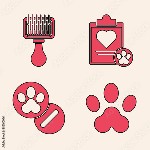 Set Paw print, Hair brush for dog and cat, Clipboard with medical clinical record pet and Dog and pills icon. Vector.