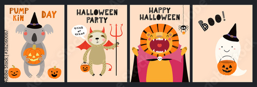 Kids Halloween cute animals in party costumes trick or treating, ghosts, pumpkin, candy, fun cards collection. Hand drawn vector illustration. Scandinavian style flat design. Concept for card, invite.